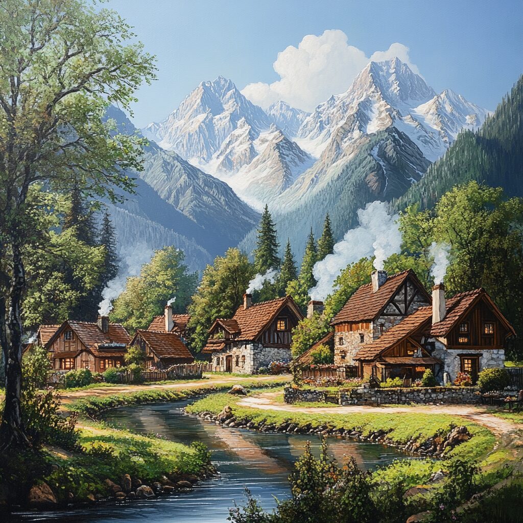 A tranquil village at the base of tall snow-capped mountains, with cozy cottages, greenery, a winding river, and clear blue skies.